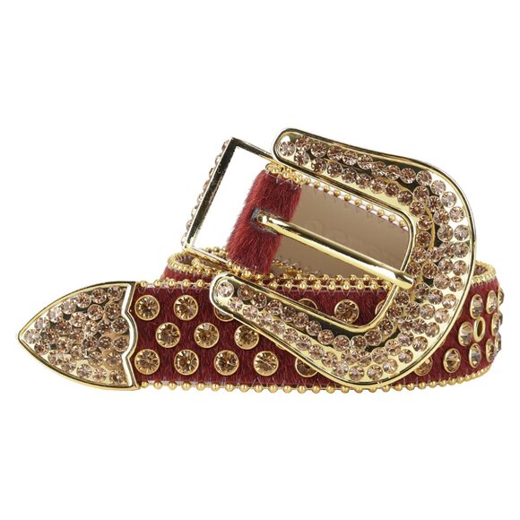 Rhinestone Belt-SUN045-Burgundy Horse Hair Belt with Champagne Rhinestones - Picture 3 of 6